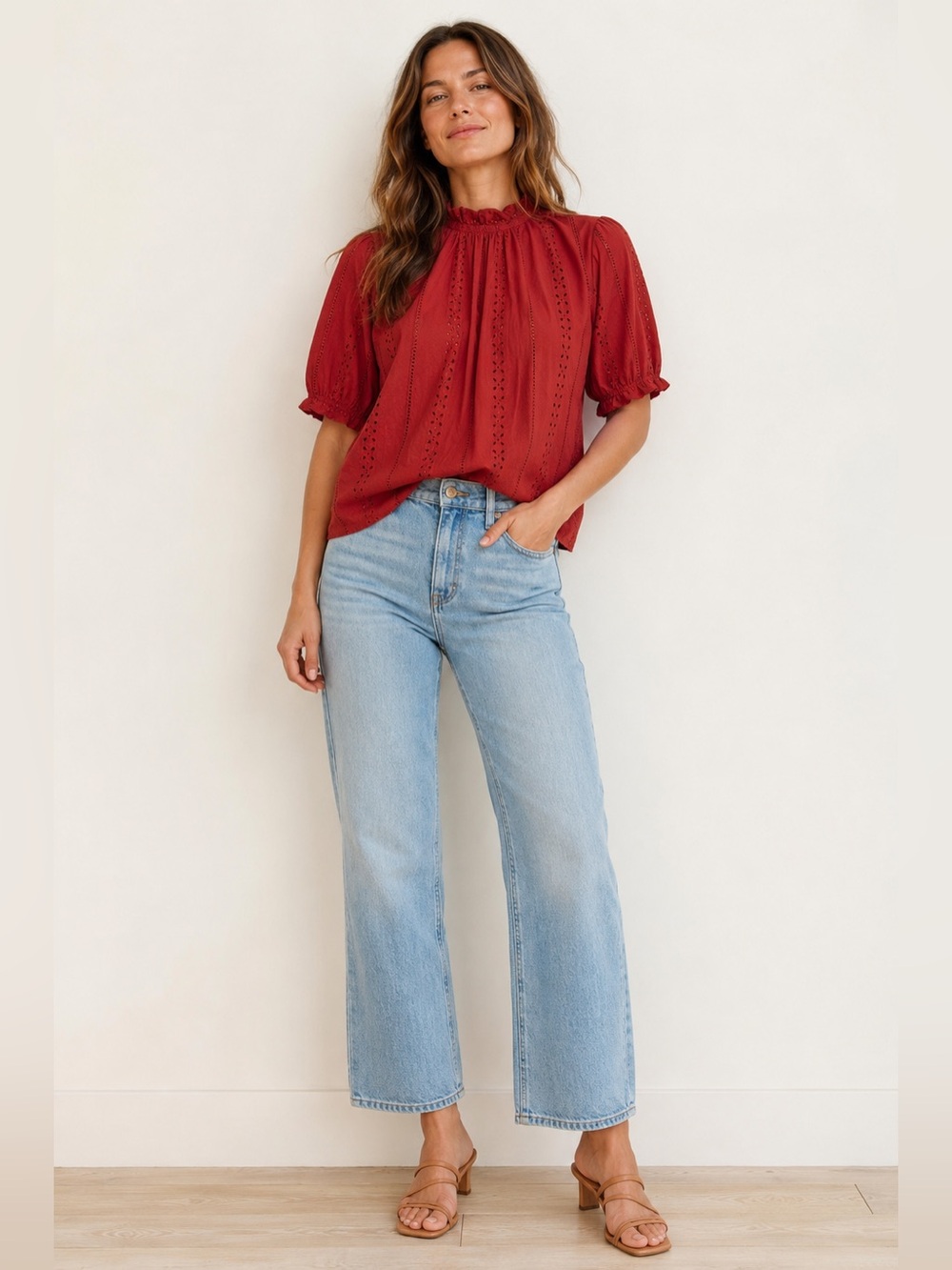 Universal Thread Eyelet Lace Ruffle Short Sleeve Blouse Burnt Orange - Picture 3 of 15